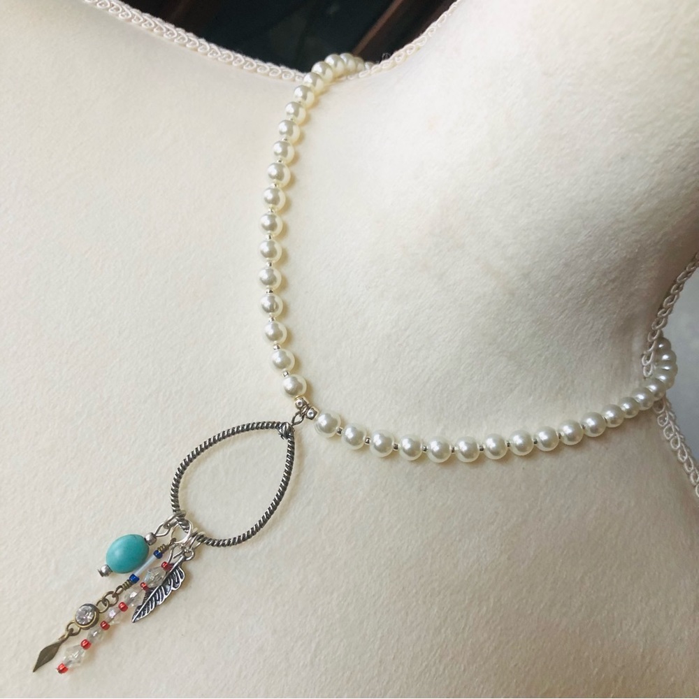 Handcrafted repurpose southwest style pendant Czech glass Pearl necklace